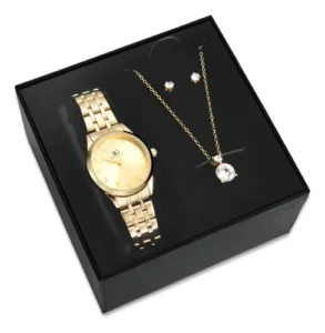 Kit Relógio Colar E Brincos Ponto De Luz Dourado Feminino Luxo Saint Germain